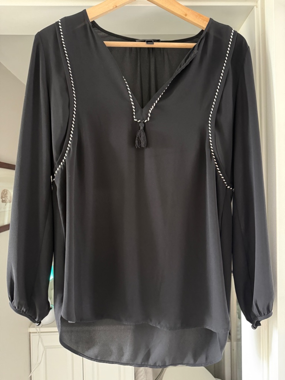 J. Crew Black Long-Sleeve V-Neck Blouse with Tassel